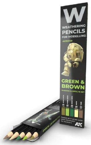 AK Interactive 10040 Weathering Pencils: Green & Brown Shading & Effects Set (5