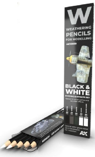 AK Interactive 10039 Weathering Pencils: Black & White Shading & Effects Set (5