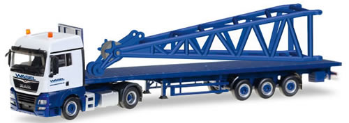 Herpa 307222 HO Scale MAN TGX XLX w/Flatbed Trailer & Fly-Jib Part 1 LR 1600 Load - Assembled -- Wasel (blue, white, German Lettering)