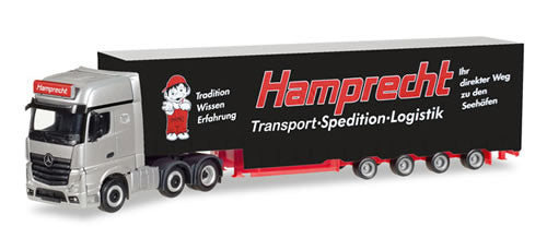 Herpa 308250 HO Scale Mercedes-Benz Actros Gigaspace Tractor, Van Trailer - Assembled -- Hamprecht (black, red, white, German Lettering)