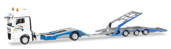 Herpa 309387 HO Scale MAN TGX Truck Transporter - Assembled -- Zandbergen N.L. (white, blue, Dutch Lettering)