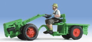 Noch 37750 N Scale 2-Wheel Tractor w/Trailer & Driver - Assembled -- Green, Red
