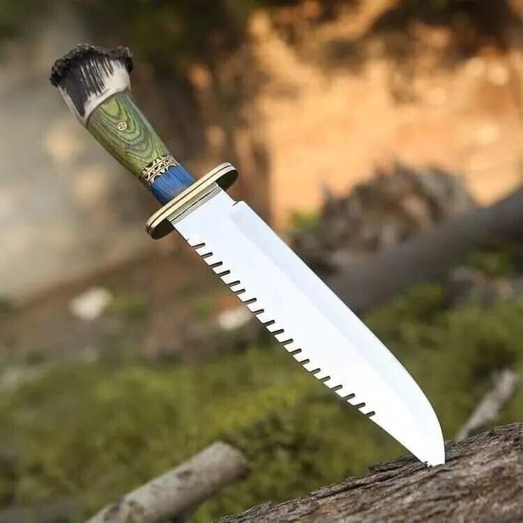 Artisan's Edge: Custom Handmade Hunting Bowie Knife with D2 Steel Blade, Green and Blue Exotic Wood, Antler Horn Handle, Brass Guard, and Leather Sheath