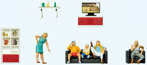 Preiser 10649 HO Scale Family Watching TV -- 5 Figures & Living Room Furniture
