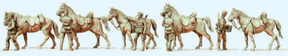 Preiser 16607 HO Unpainted German Cavalrymen Standing & Horses 1939-45 (5) (Kit)