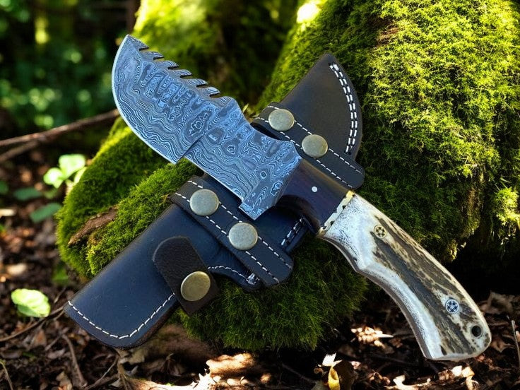 Tom Brown Tracker – Handmade Damascus Knife with Antler & Rosewood Handle