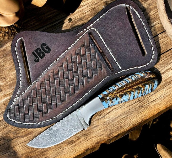 Damascus Knife with Cross Draw Sheath 7.25" Turquoise