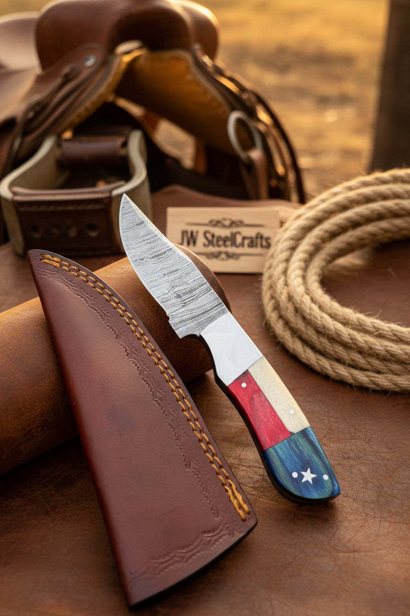 Damascus Camping Knife Fixed Blade USA Flag Resin Handle Outdoor Utility Knife with Sheath