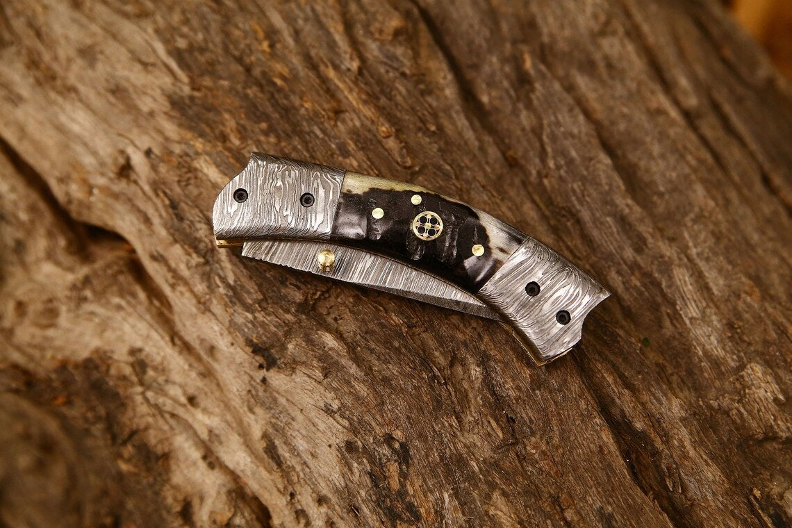 Best Custom Handmade Damascus Steel EDC Folding Pocket Knife | 3-Inch Blade, Sheep Horn Handle, Leather Case | Ideal Gift for Any Occasion by KBS Knives