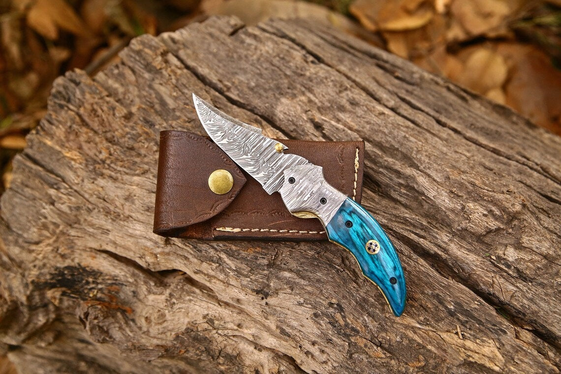 Custom Handmade Damascus Steel EDC Folding Pocket Knife – Exotic Wood Handle, 3-Inch Blade, Leather Case – Ideal Wedding Gift