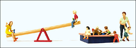 Preiser 10587 HO Scale Pedestrians -- Children at Play pkg(8) w/Seesaw & Sandbox