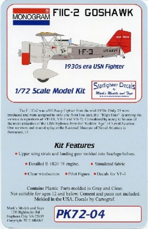Revell 4 1/72 Monogram F11C2 Goshawk 1930s USN Fighter