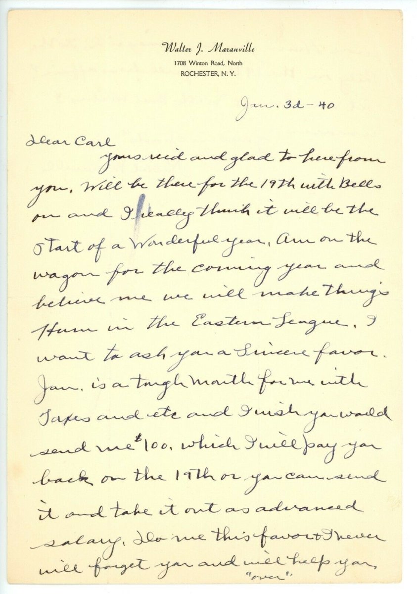 Rabbit Maranville Signed Autographed Handwritten Letter HOF