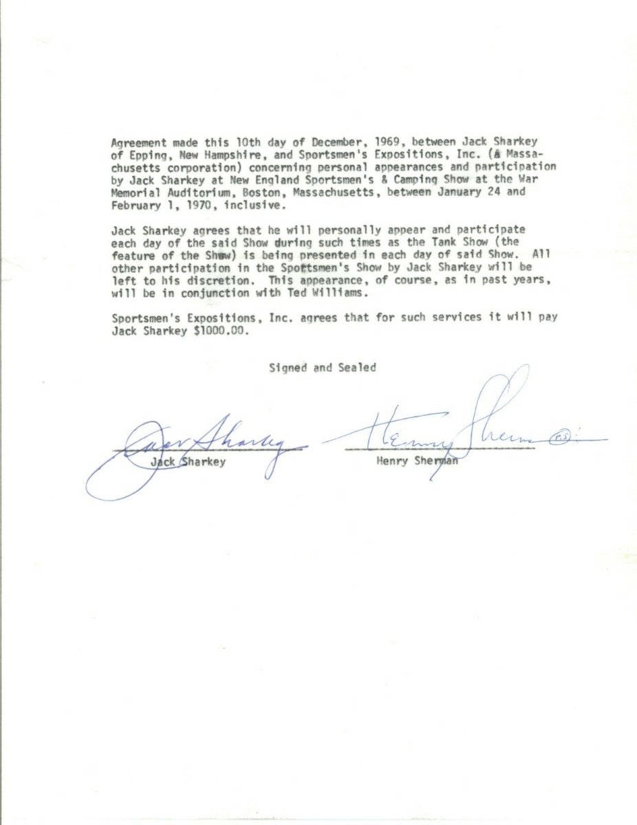 Jack Sharkey signed autographed Appearance contract Fly Fishing Boxer JSA