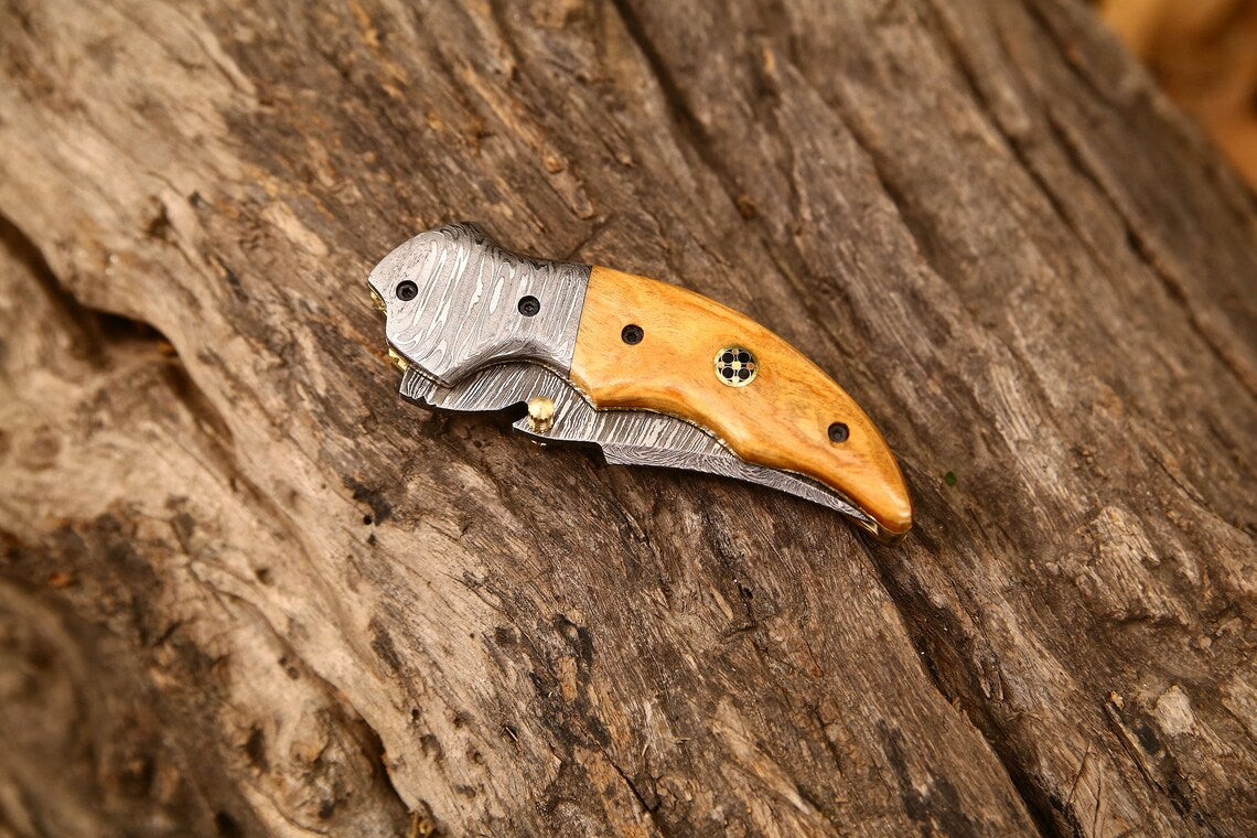 Custom Handmade Damascus Steel EDC Folding Pocket Knife | 3-Inch Blade, Colored Bone Handle, Leather Case | Ideal Gift for Any Occasion by KBS Knives
