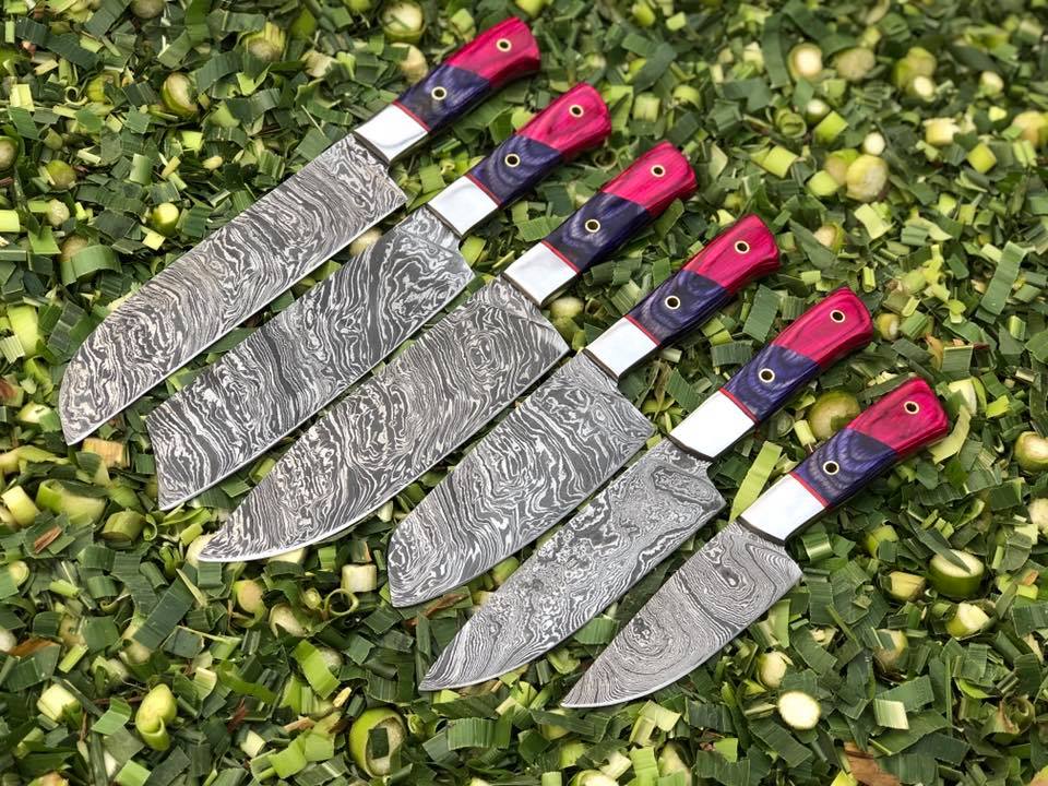 Luxury Collection: 6-Piece Kitchen Knives Set with Twist Damascus Steel Blades, Exotic Wood Handles, and Leather Roll
