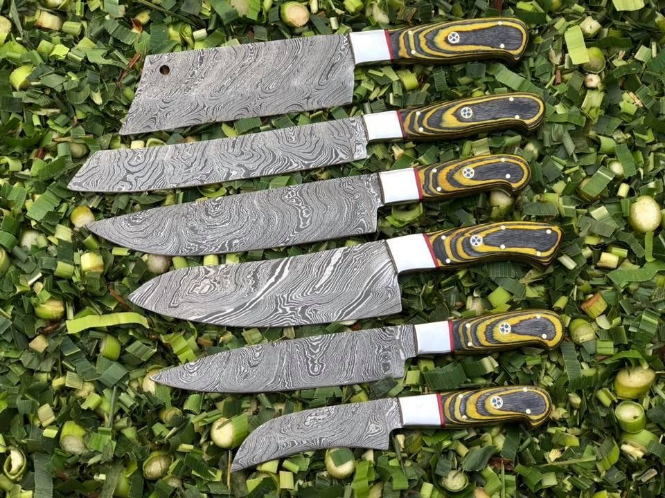 Artisanal Excellence: 6-Piece Kitchen Knives Set with Twist Damascus Steel Blades, Exotic Wood Handles, and Leather Roll