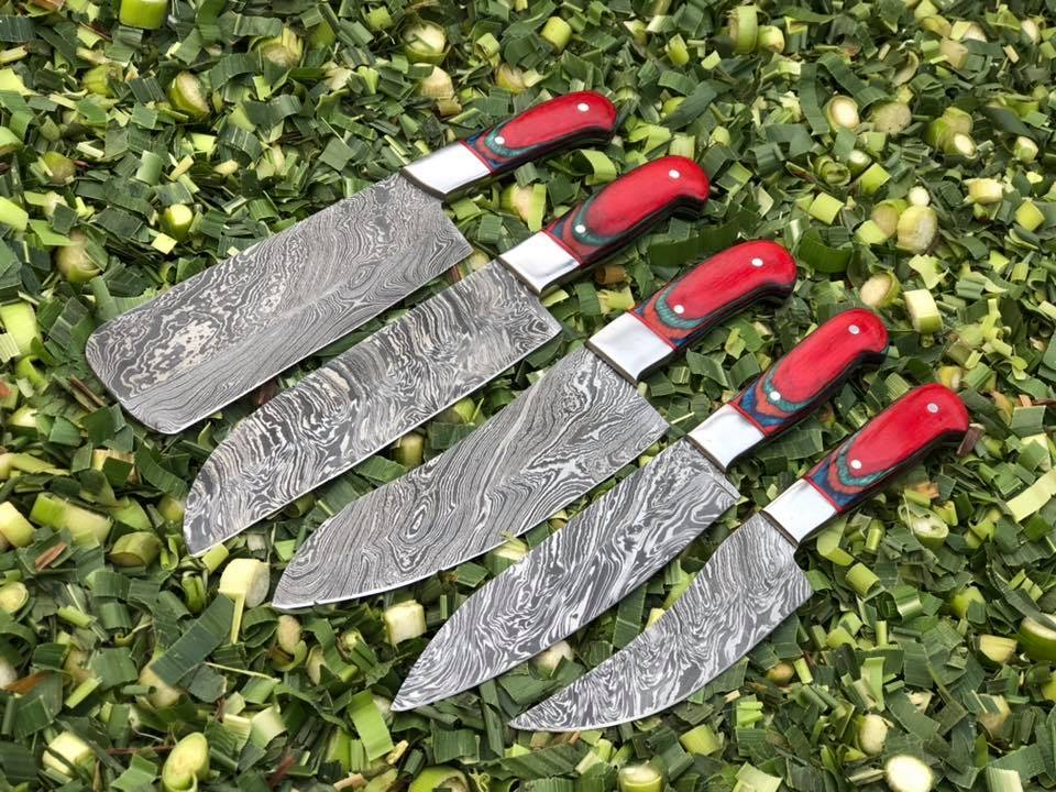 Artisanal Exotic Color Wood 5-Piece Kitchen Knives Set with Twist Damascus Steel Blades and Steel Bolsters - Culinary Mastery in a Leather Roll
