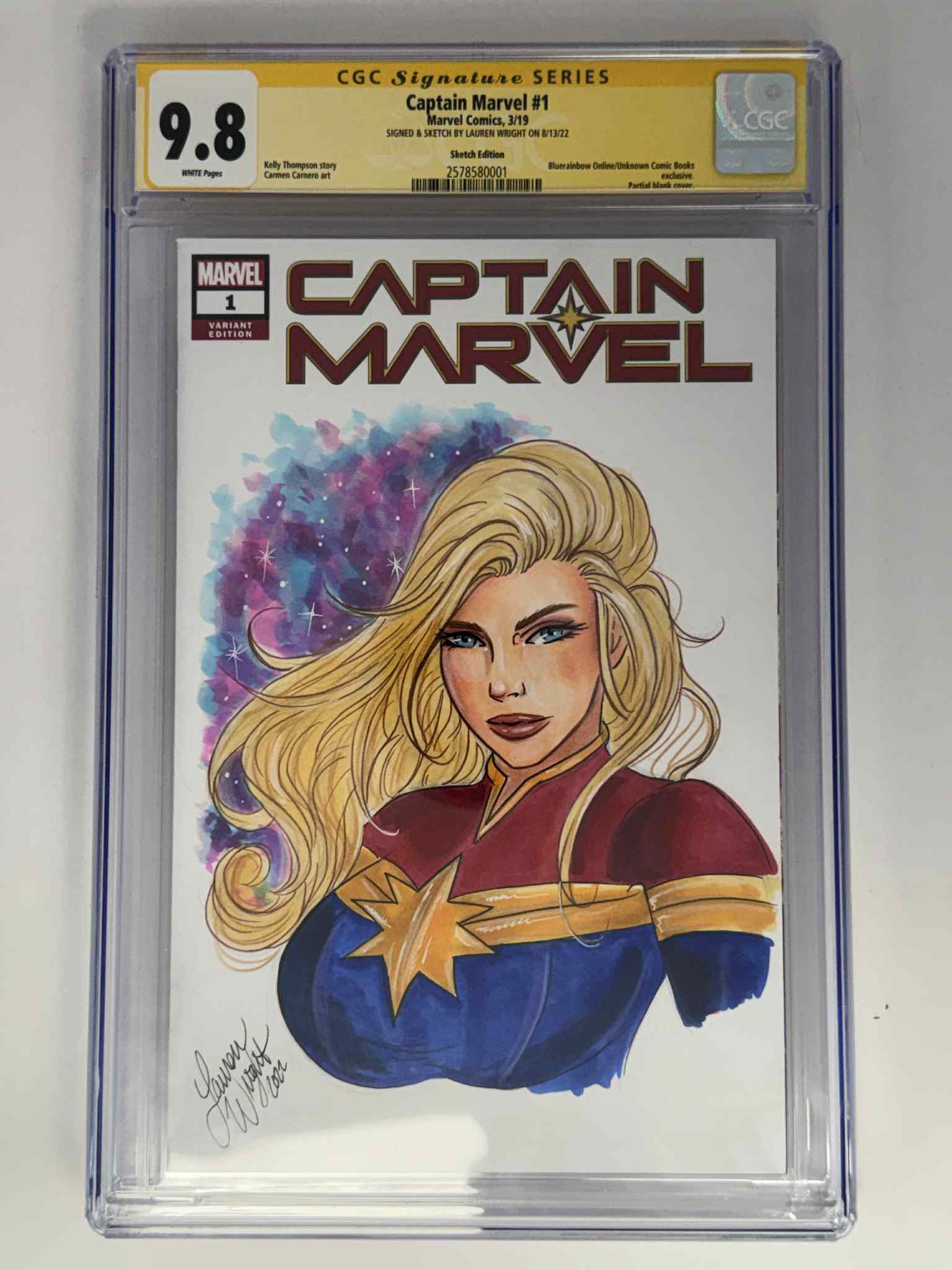 Signed & Sketch by Lauren Wright] Captain Marvel #1 CGC 9.8 Yellow La