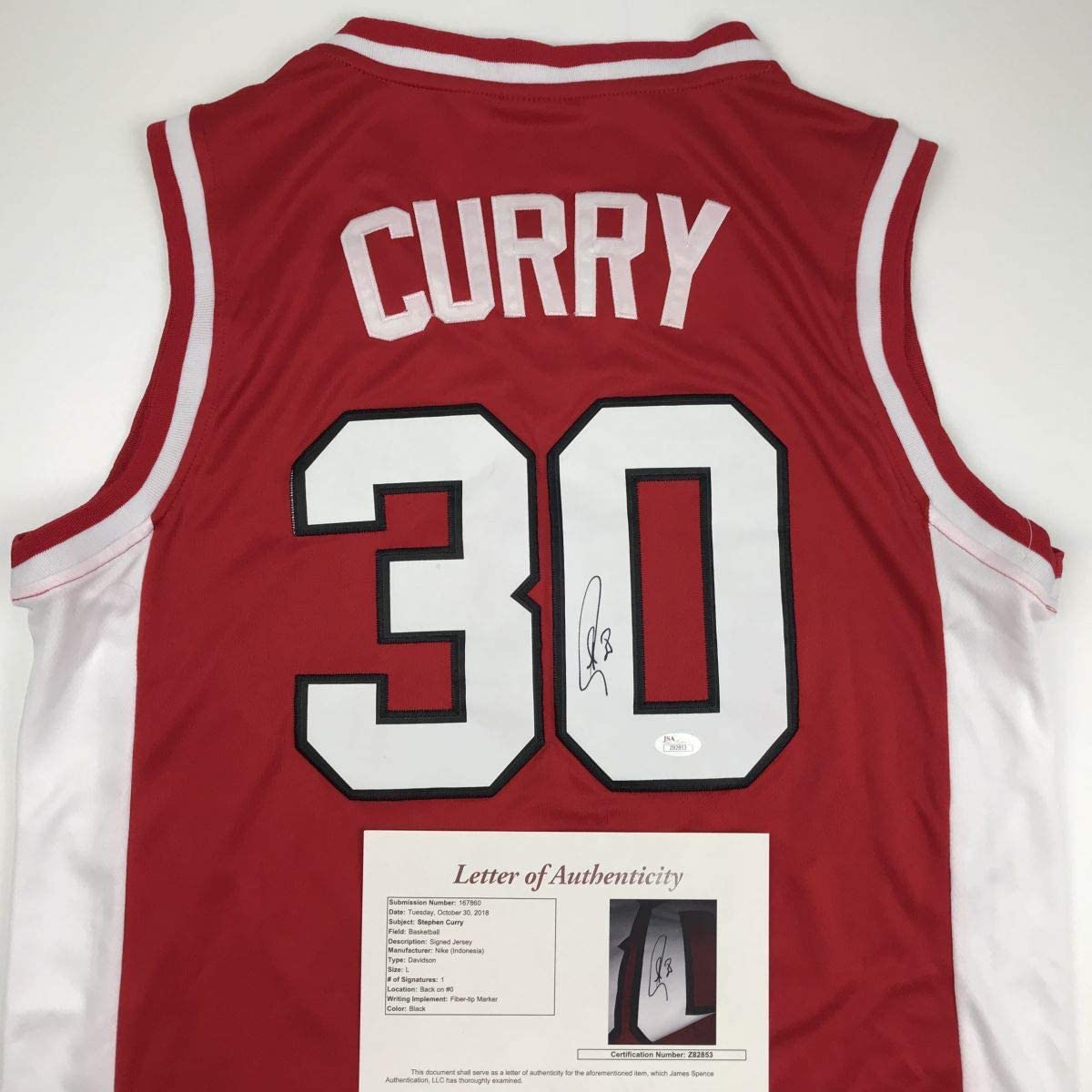 Autographed/Signed Stephen Steph Curry Davidson Wildcats Red Basketball Jersey JSA COA/LOA