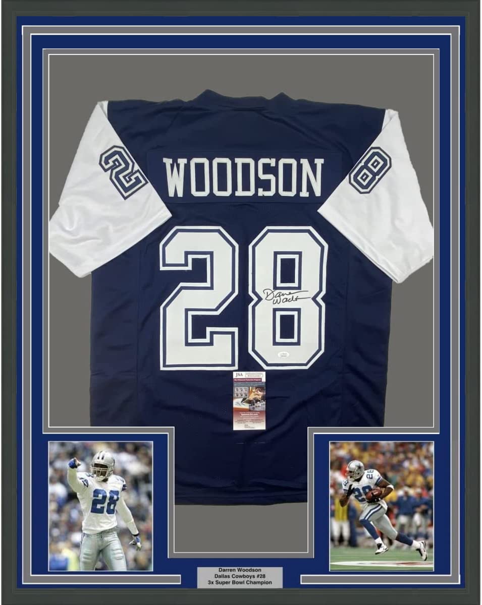 Framed Autographed/Signed Darren Woodson 35x39 Dallas Blue Football Jersey JSA COA