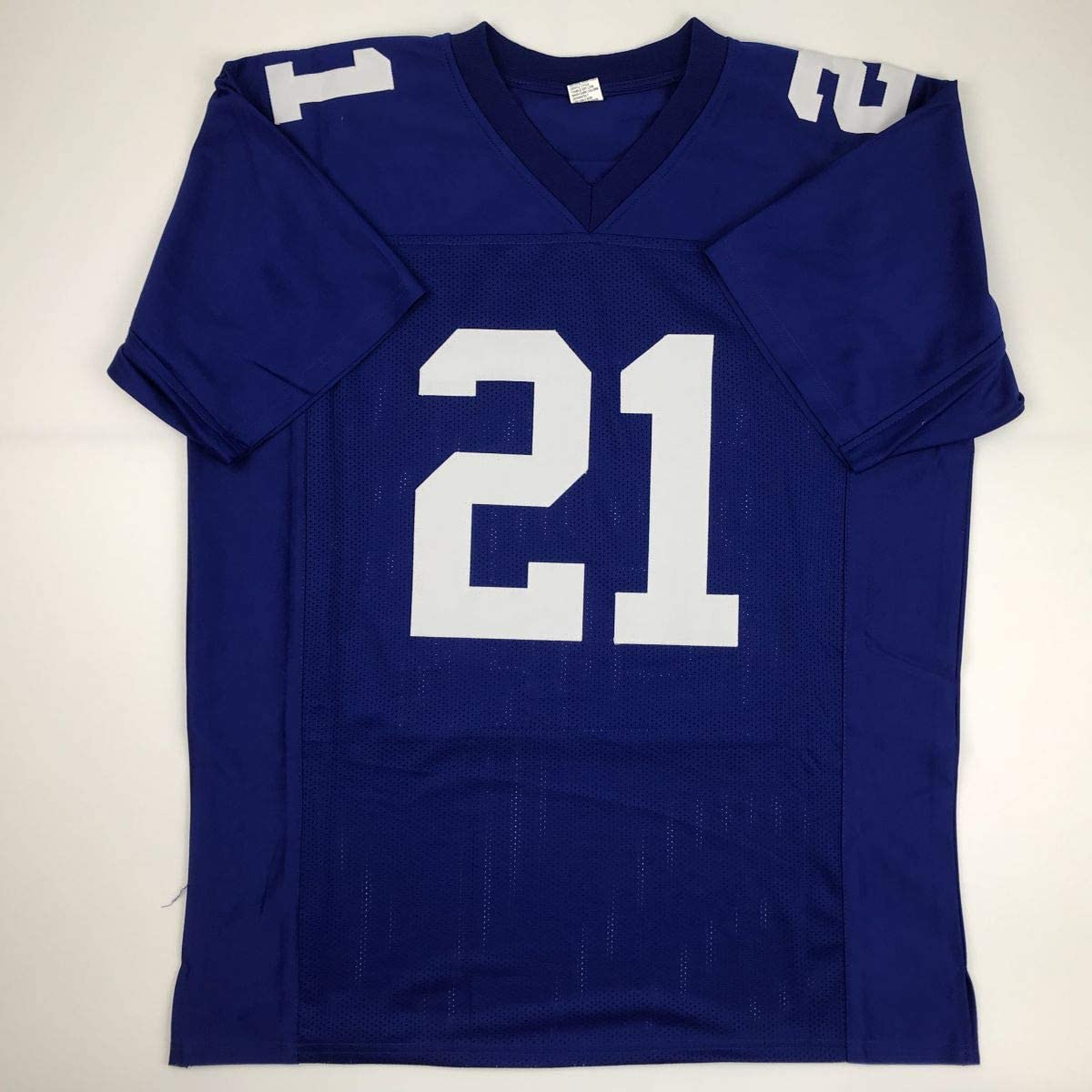 Autographed/Signed Tiki Barber New York Blue Football Jersey JSA COA