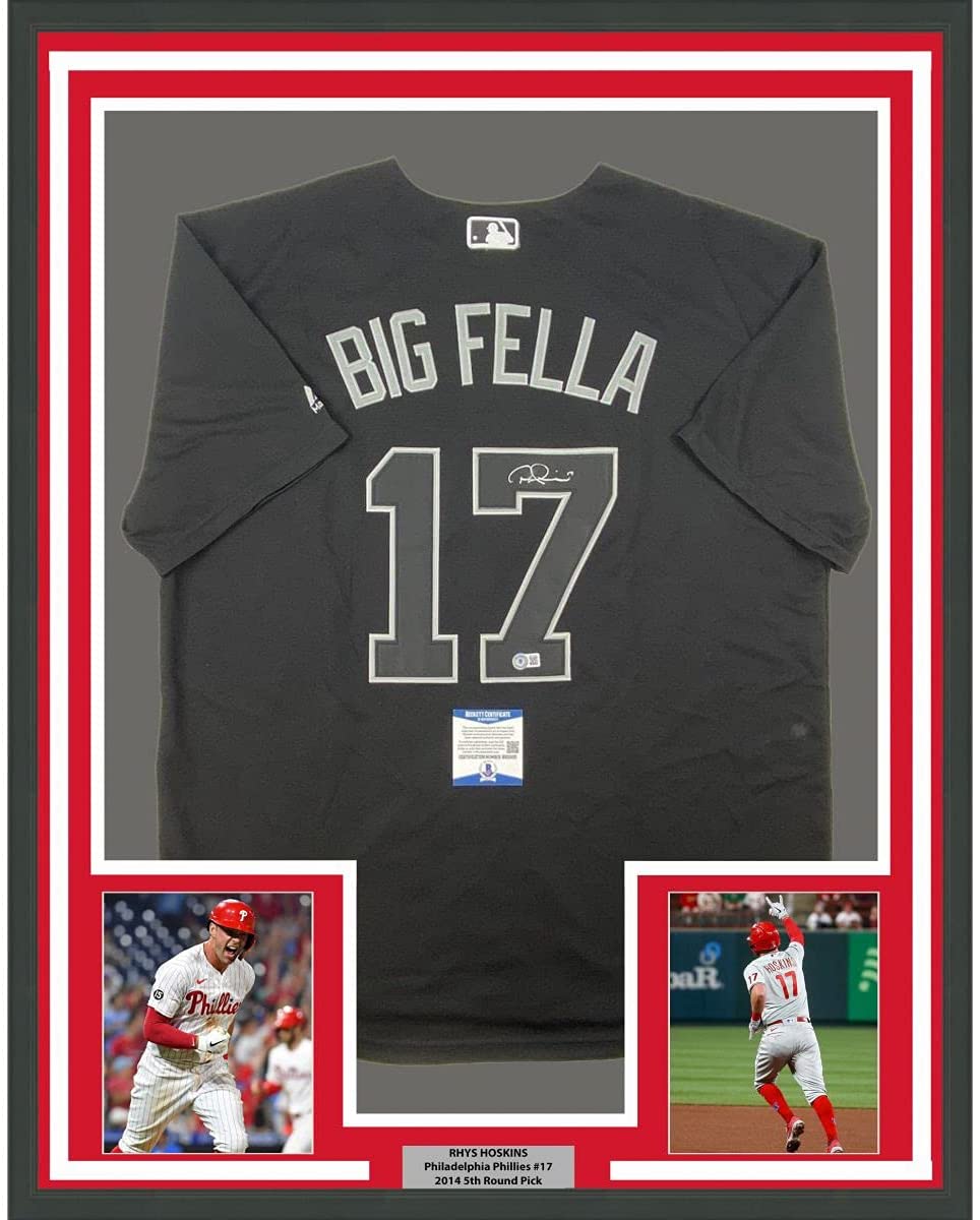 Framed Autographed/Signed Rhys Hoskins 35x39 Big Fella Players Weekend Black Baseball Jersey Beckett BAS COA