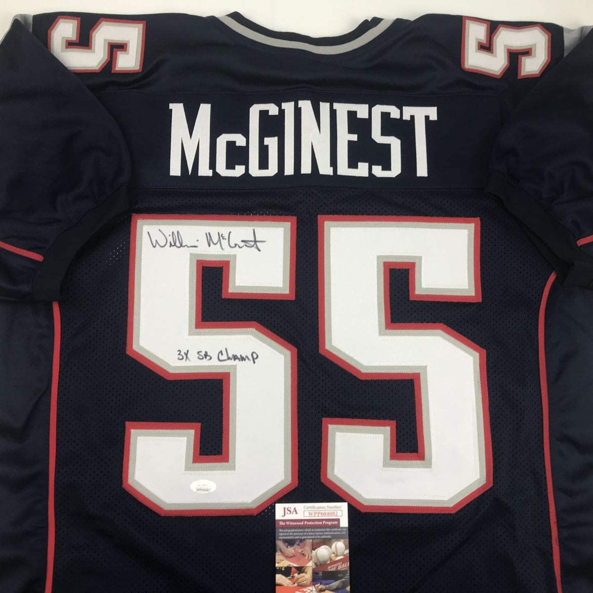 Autographed/Signed Willie McGinest 3x SB Champ New England Blue Football Jersey JSA COA
