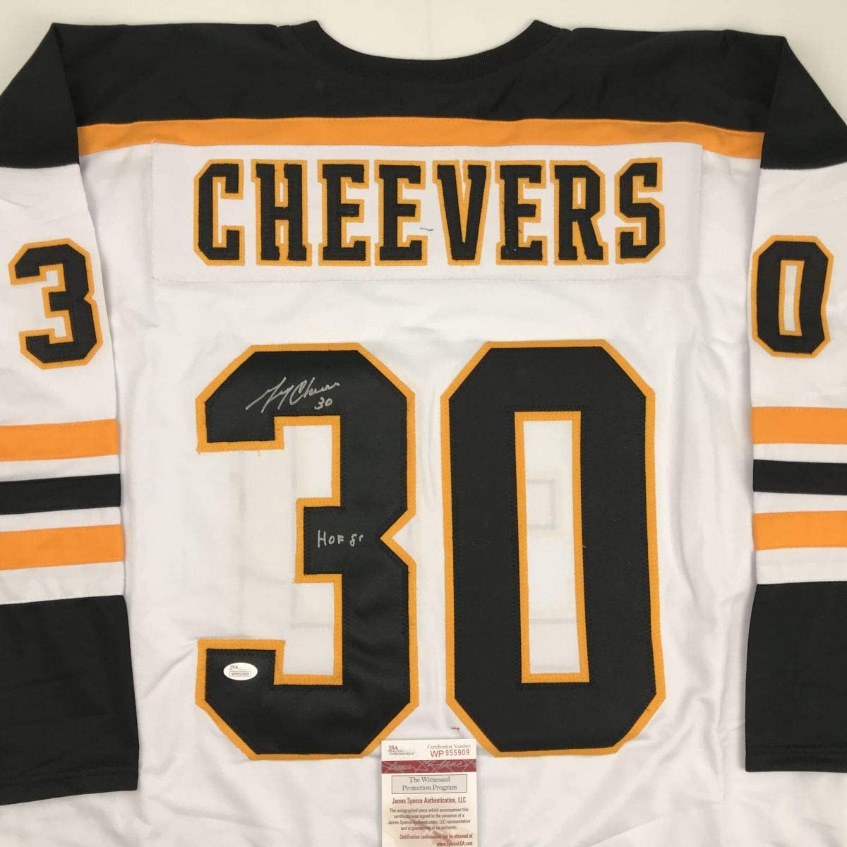 Autographed/Signed Gerry Cheevers HOF 85 Boston White Hockey Jersey JSA COA