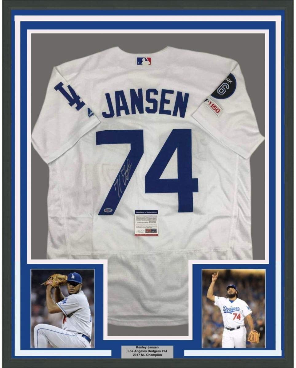 Framed Autographed/Signed Kenley Jansen 35x39 Los Angeles LA White Baseball Jersey PSA/DNA COA