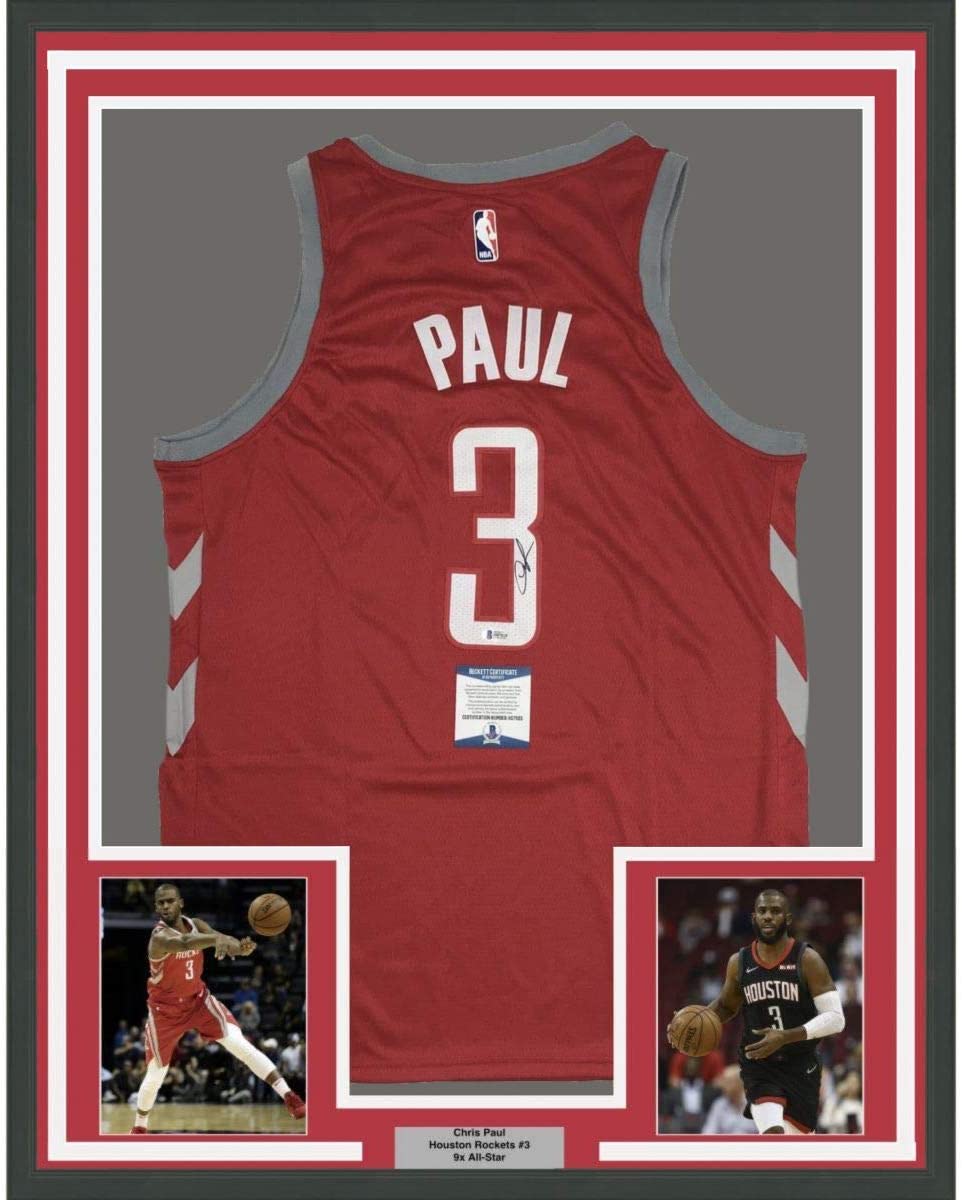 Framed Autographed/Signed Chris Paul 35x39 Houston Rockets Red Basketball Jersey Beckett BAS COA
