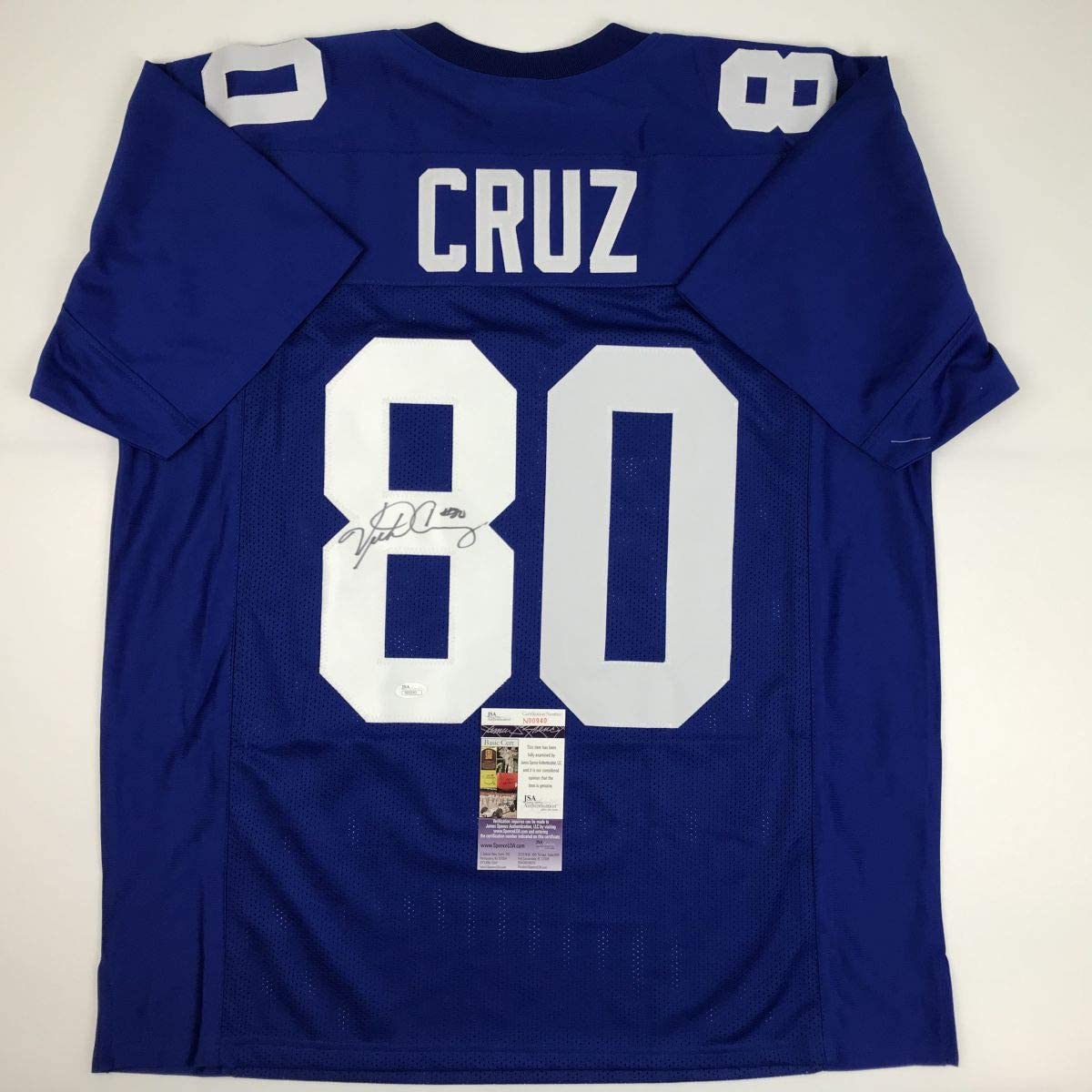 Autographed/Signed Victor Cruz New York Blue Football Jersey JSA COA