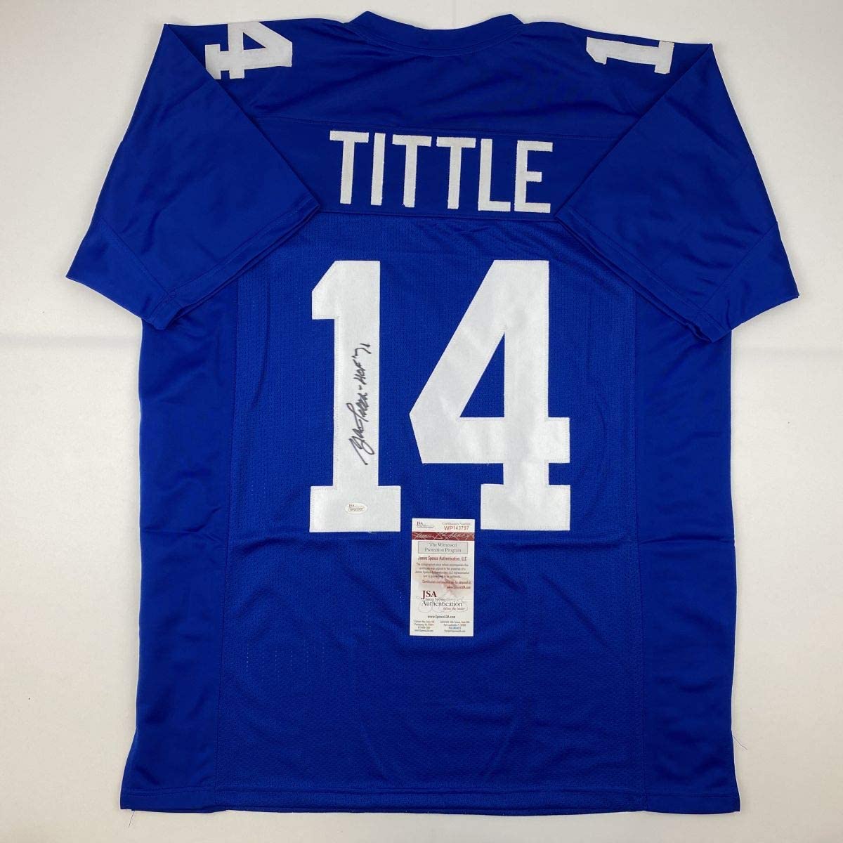 Autographed/Signed YA Y.A. Tittle HOF 71 New York Blue Football Jersey JSA COA