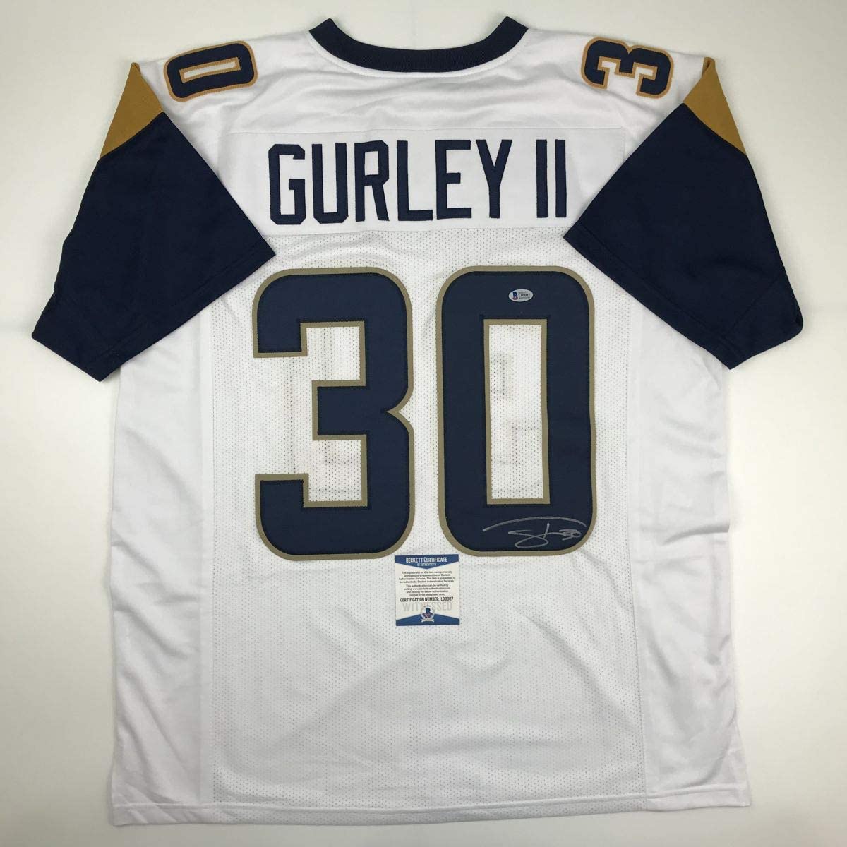 Autographed/Signed Todd Gurley II Los Angeles LA White Football Jersey Beckett BAS COA