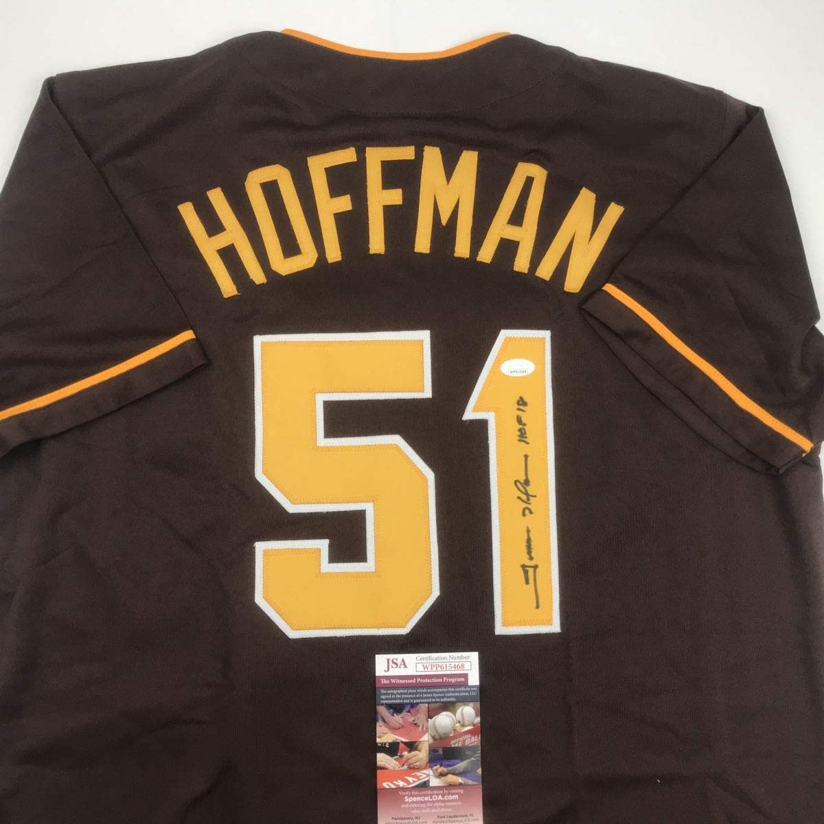Autographed/Signed Trevor Hoffman HOF 18 San Diego Brown Baseball Jersey JSA COA