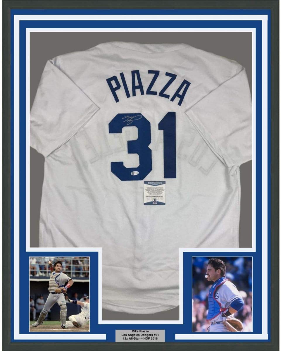Framed Autographed/Signed Mike Piazza 35x39 Los Angeles LA White Baseball Jersey Beckett BAS COA