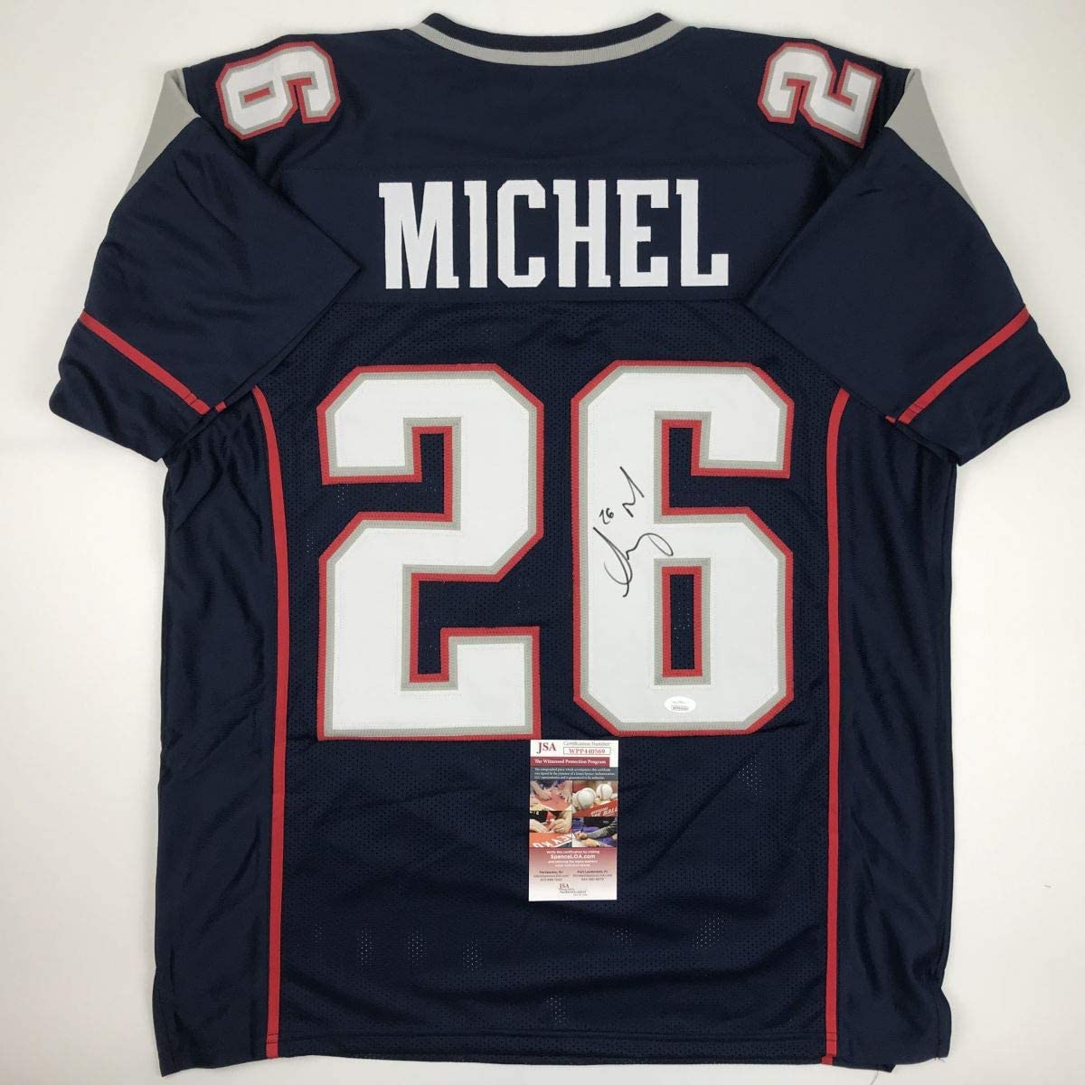 Autographed/Signed Sony Michel New England Blue Football Jersey JSA COA