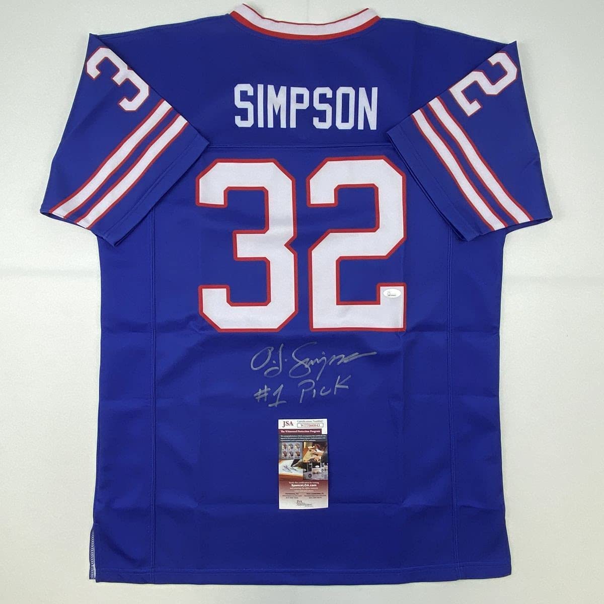 Autographed/Signed OJ O.J. Simpson #1 Pick Buffalo Blue Football Jersey JSA COA