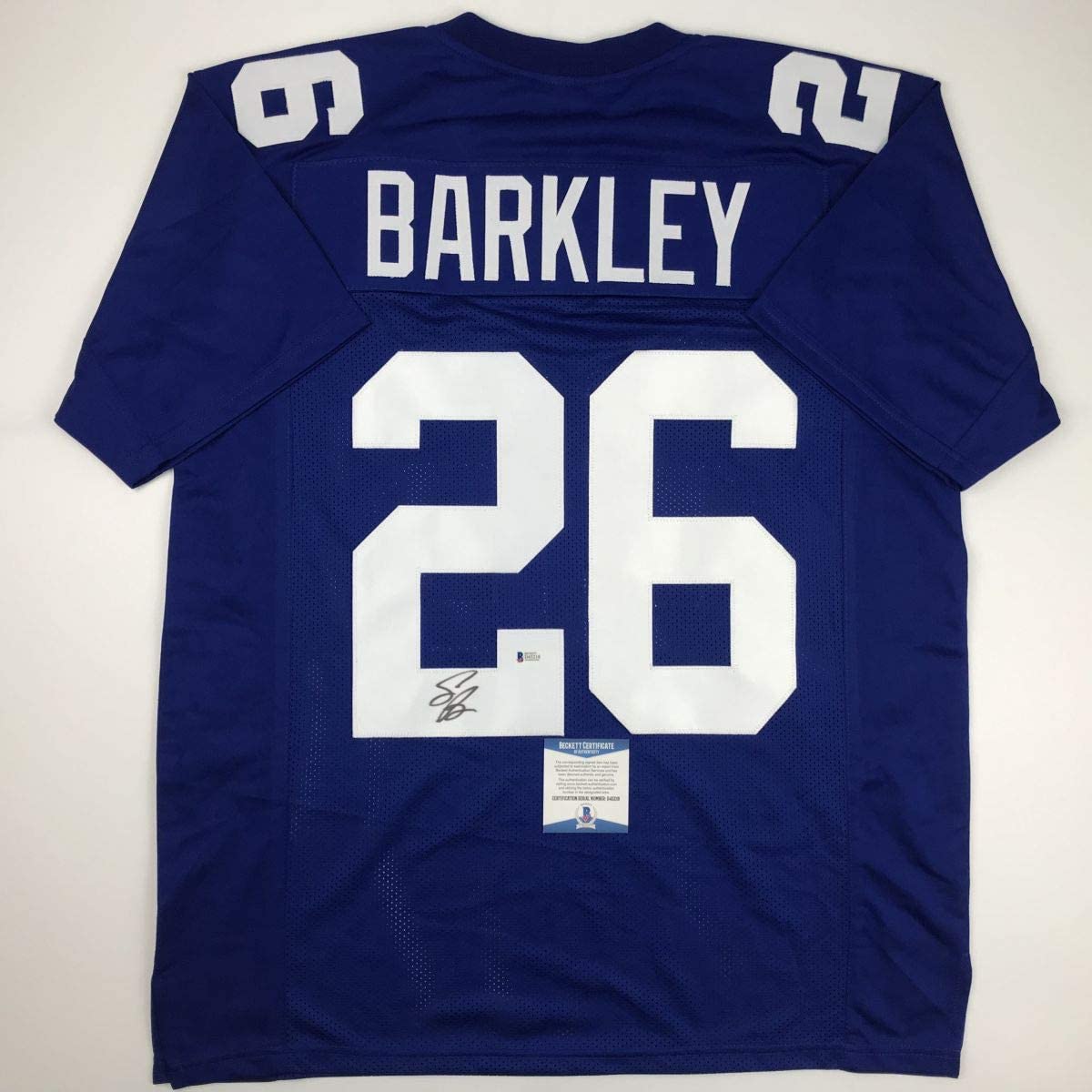 Autographed/Signed Saquon Barkley New York Blue Football Jersey Beckett BAS COA