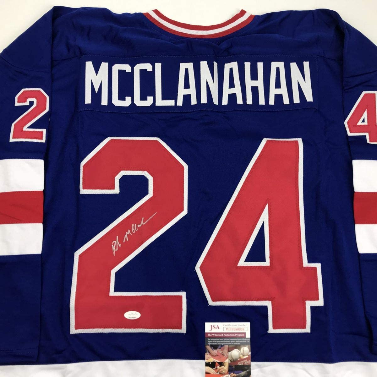 Autographed/Signed Rob McClanahan Blue Team USA Miracle On Ice 1980 Olympics Hockey Jersey JSA COA