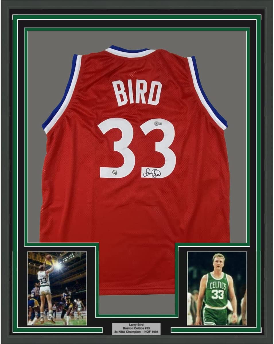 Framed Autographed/Signed Larry Bird 35x39 All-Star Game Red Basketball Jersey Beckett BAS COA