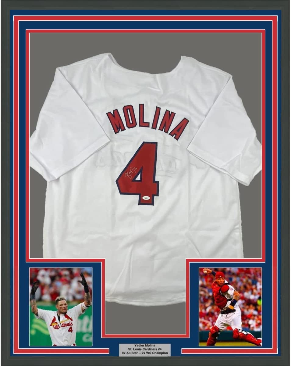 Framed Autographed/Signed Yadier Molina 35x39 St. Louis White Baseball Jersey JSA COA Holo Only