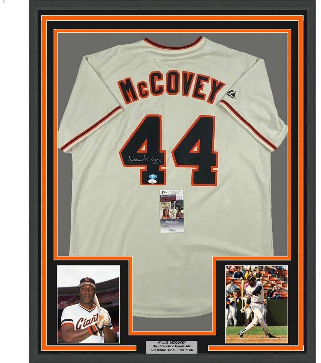 Framed Autographed/Signed Willie McCovey 35x39 San Francisco Cream Baseball Jersey JSA COA