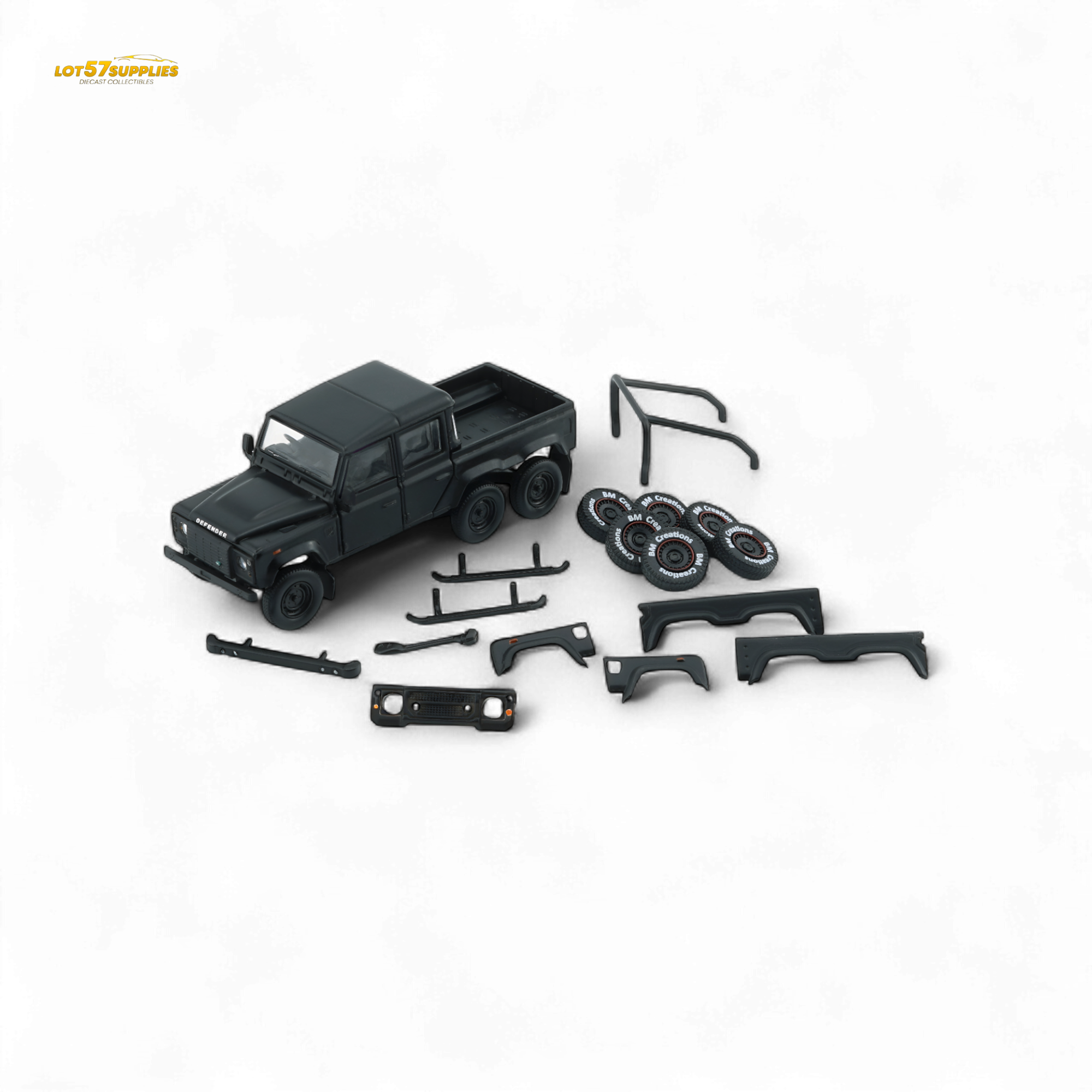 BM Creations 2016 Land Rover Defender 110 Pick Up 6x6 Off Road Matte Blk RHD 1:64