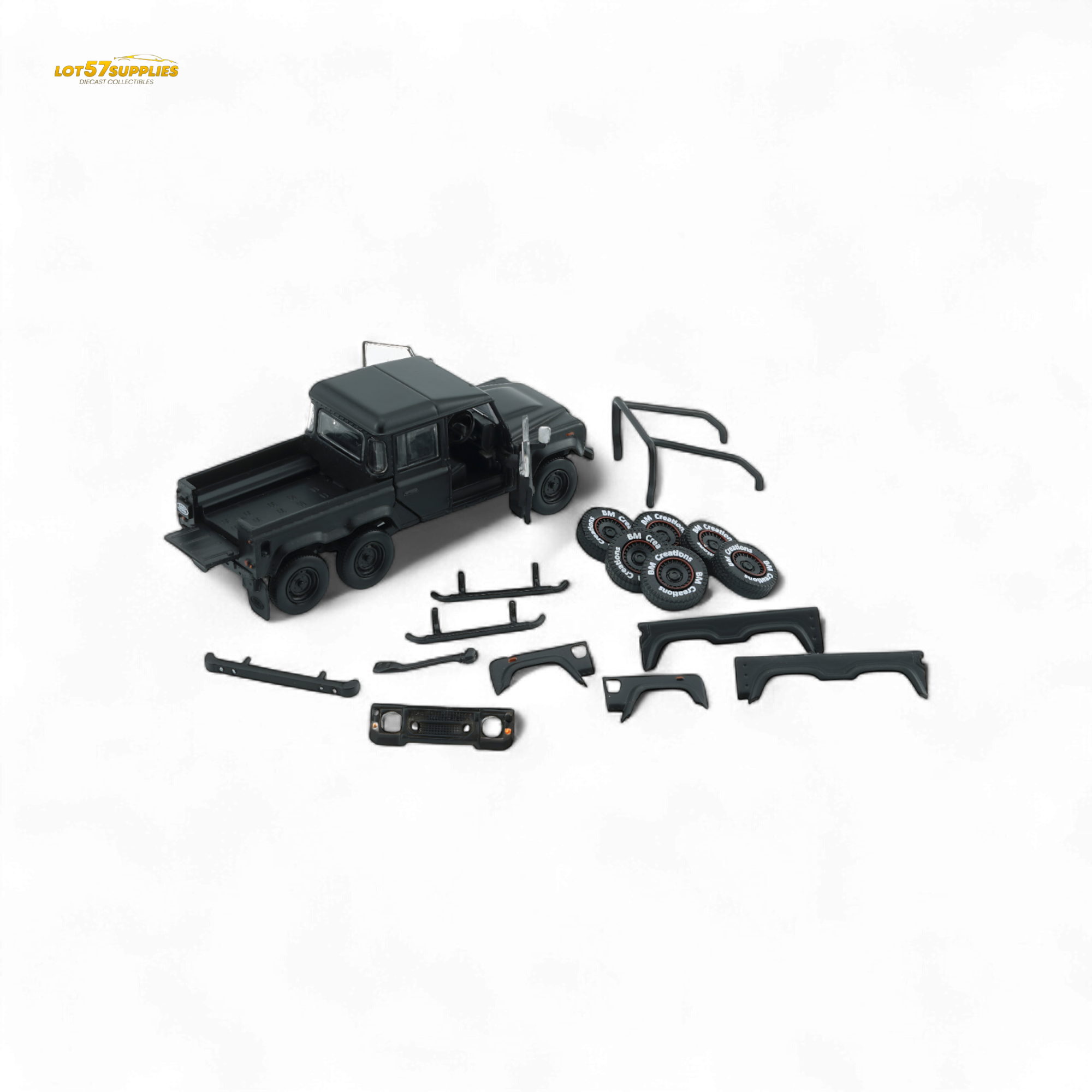 BM Creations 2016 Land Rover Defender 110 Pick Up 6x6 Off Road Matte Blk RHD 1:64