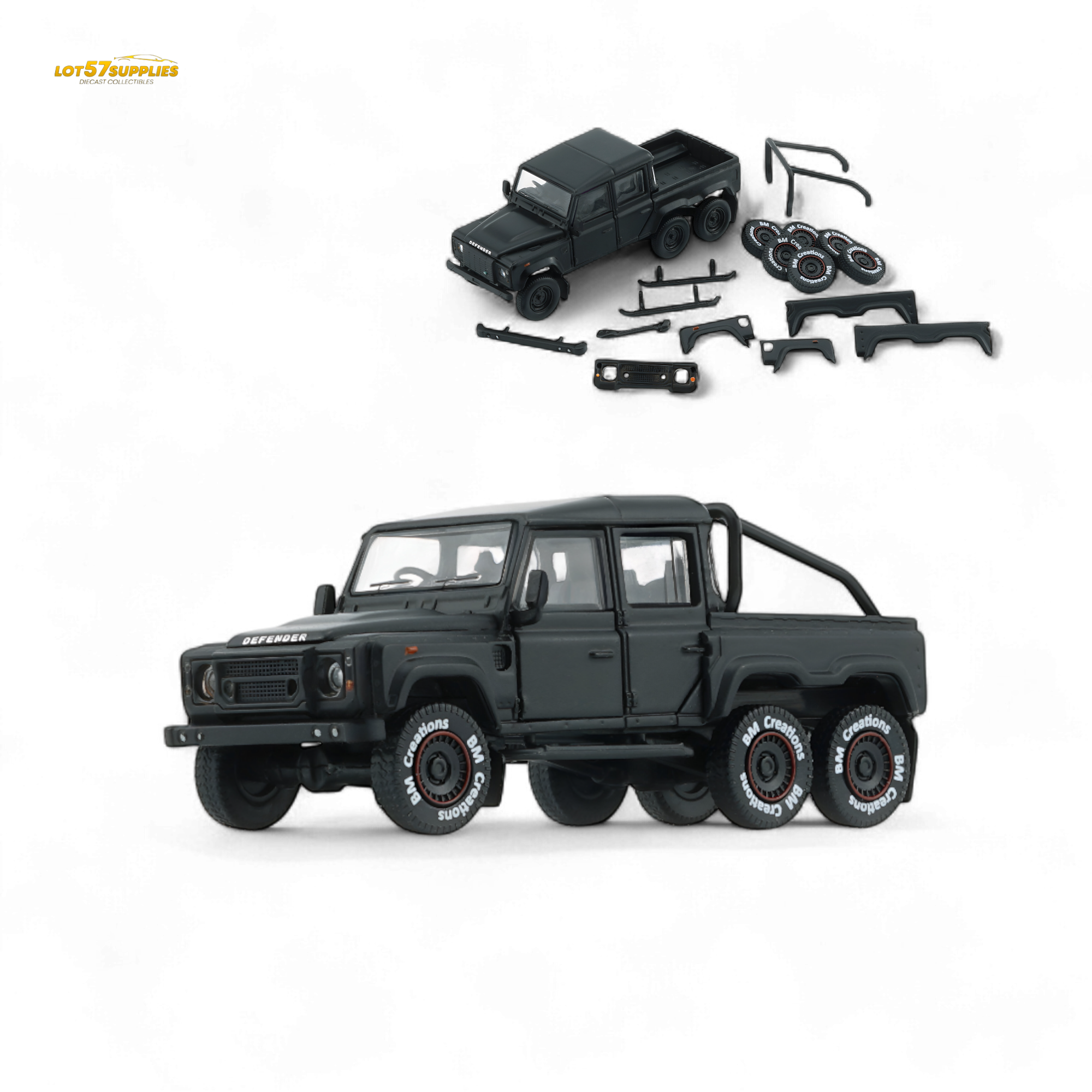 BM Creations 2016 Land Rover Defender 110 Pick Up 6x6 Off Road Matte Blk RHD 1:64