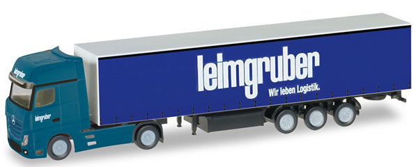 Herpa 66785 N Scale Mercedes-Benz Actros Tractor with Dry Van Trailer - Assembled -- Leimgruber (blue, green, white, German Lettering)