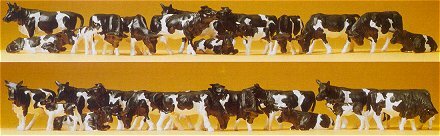 Preiser 14408 HO Scale Dairy Cows pkg(30) -- Holsteins (black, white)