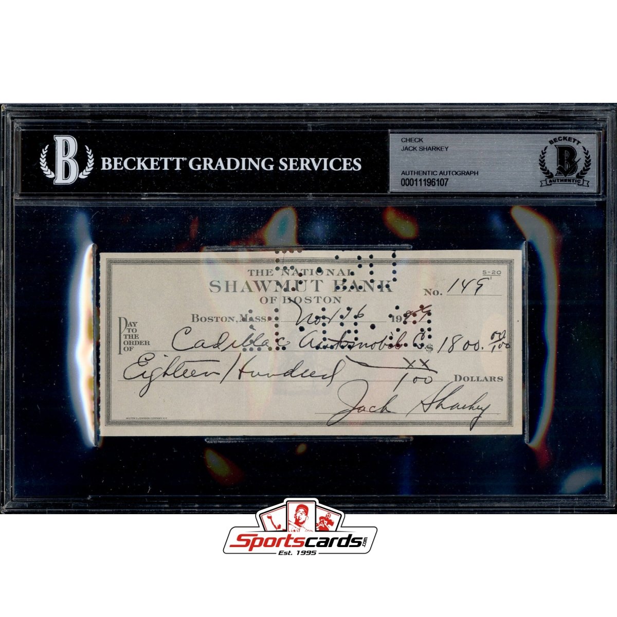 Jack Sharkey Signed Autographed Check BGS JSA
