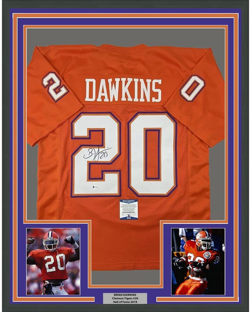 Framed Autographed/Signed Brian Dawkins 35x39 Clemson Orange College Football Jersey Beckett BAS COA